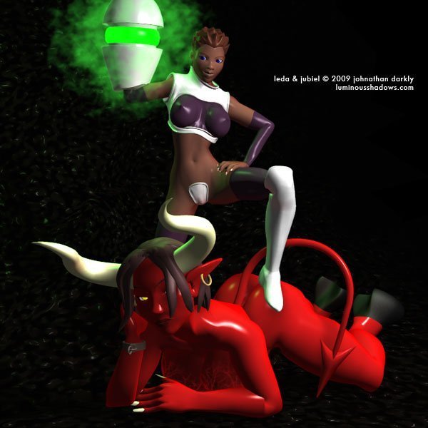 a proud black woman stands on a prone demon female, odd glowing weapon in hand.