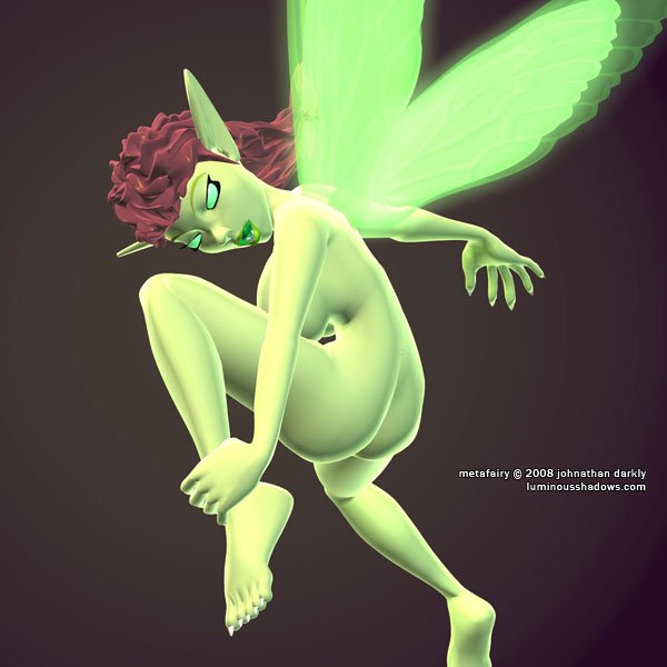 a nude green fairy pulls one leg to her chest as she flies away.