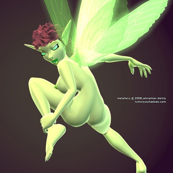 A naked green fairy pulls one of her legs to her chest while flying away.