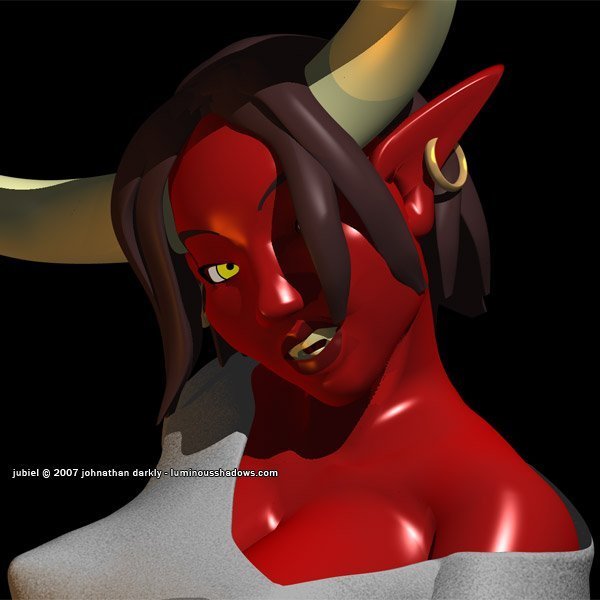 a tight shot of a voluptuous red demon woman's long horns, evil yellow eyes, and disdainful sneer.