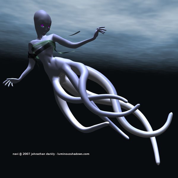 an exotic squid-human hybrid floats peacefully in a deep blue sea.