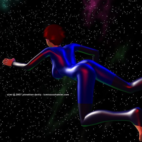 a curvy japanese woman floating in space, seen from the rear.