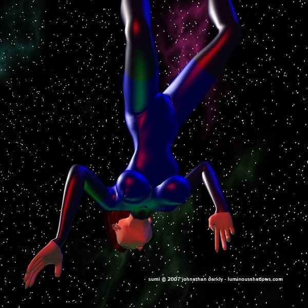 a beautiful japanese woman floating in space, wearing a form-hugging spacesuit.
