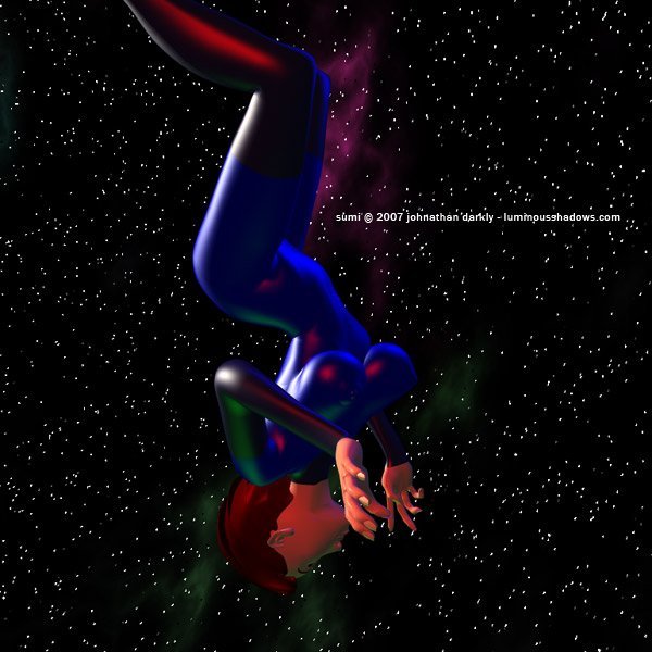 a large-breasted japanese woman in a skintight suit, floating in space.