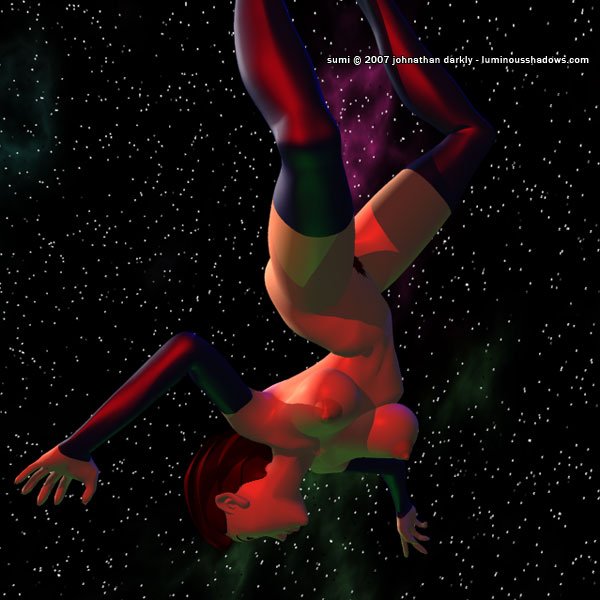 a voluptuous ninja floating upside-down in the inky black of outer space.