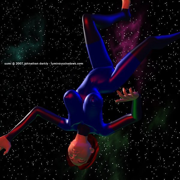 a shapely japanese woman wearing a skintight suit, floating upside down in space.