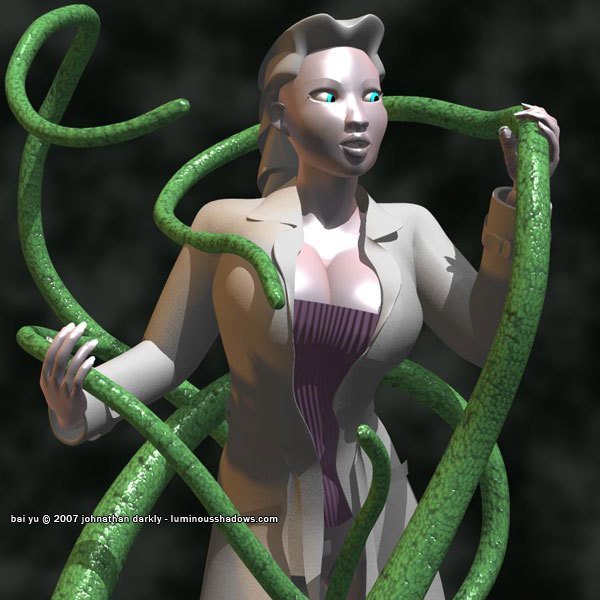 a lovely albino woman wearing a long coat and corset grapples with long, green tentacles.