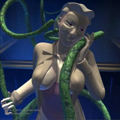 a pale woman in a long coat caresses and is caressed by large green tentacles.