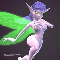 a naked, blue-skinned fairy with a maniacal expression flies on translucent green wings.