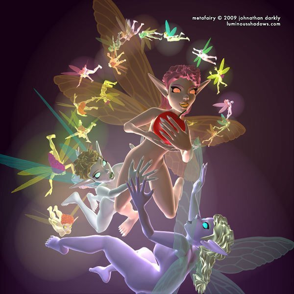 a large group of flying, multi-colored fairies chase one another.