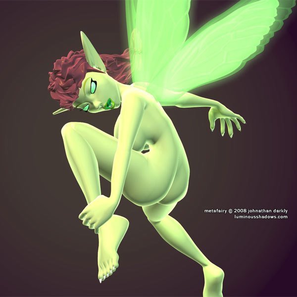 a nude green fairy pulls one leg to her chest as she flies away.