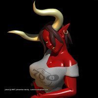 a red-skinned devil woman with large horns and breasts, wearing a croptop.