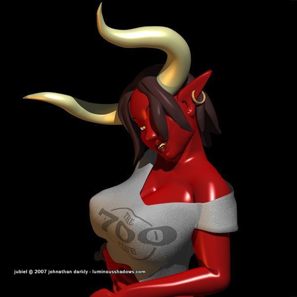 a red-skinned devil woman with large horns and breasts, wearing a croptop.