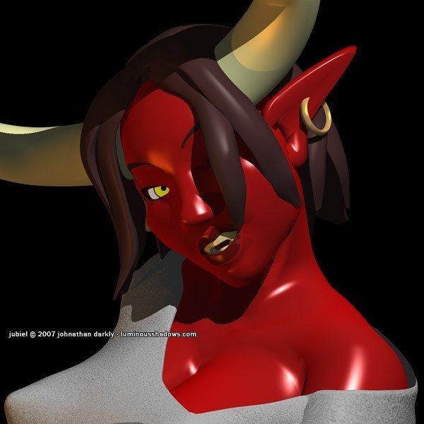 a tight shot of a voluptuous red demon woman's long horns, evil yellow eyes, and disdainful sneer.